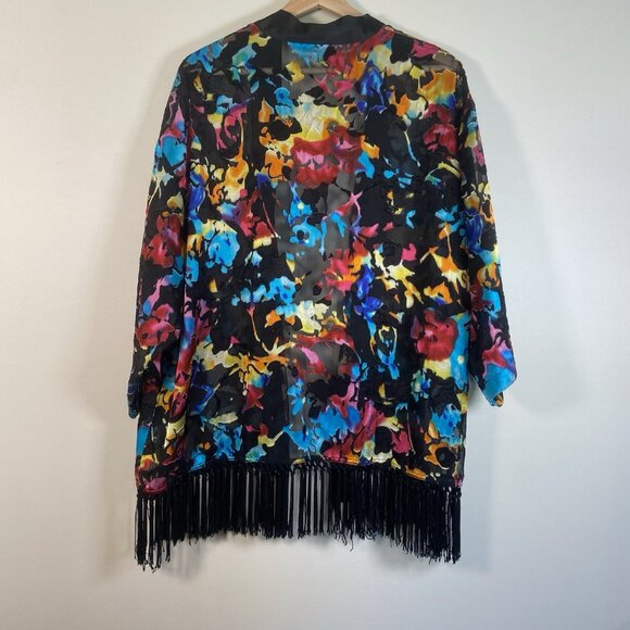 DRAPERS & DAMON KIMONO COVER UP JACKET COAT 1X FRINGE MULTICOLOR FLORAL Boho - Picture 8 of 11